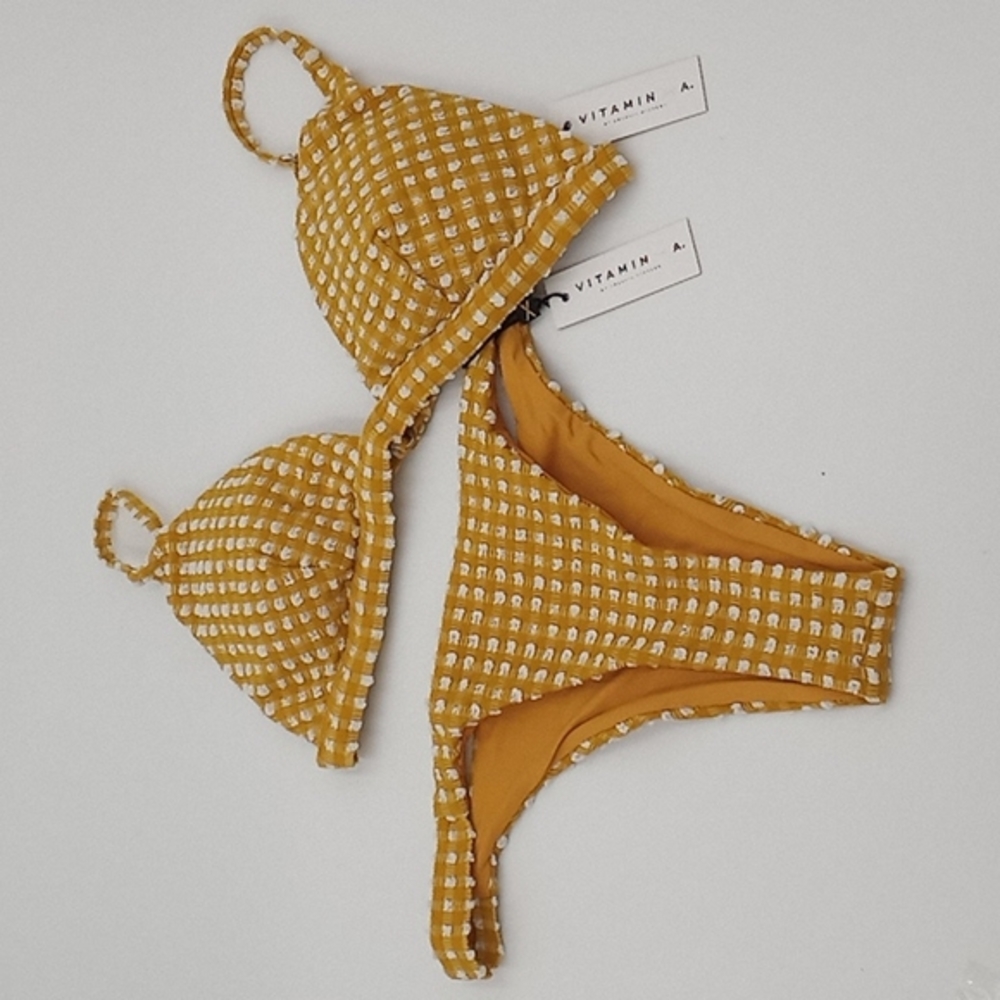 Vitamin A Vichy Marigold Moss Bralette Top and‎ Carmen Bikini Bottom 10/L